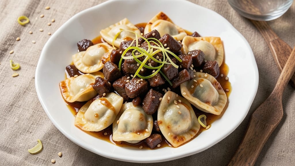 Beef and Flat Dumplings Recipe: Wok-Seared Crunch With Silky Soy-Spiced Filling