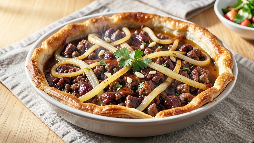Beef and Pork Meat Pie Recipe: Flaky Pastry Crust Over Rich Savory Filling