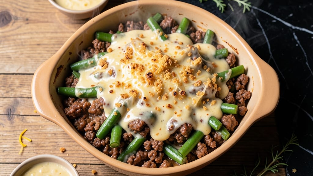 Beef and Green Bean Casserole Recipe: Crispy Top, Creamy Cheese, One-Pan Magic