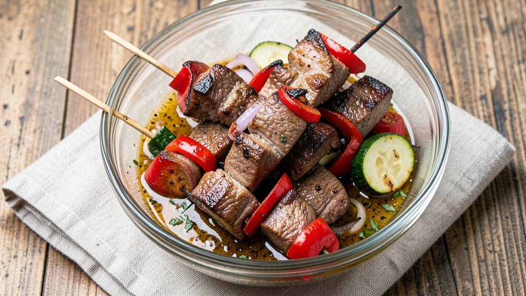 Beef and Vegetable Kabobs Recipe: Charred, Juicy Skewers With Zesty Lemon-Garlic Glaze