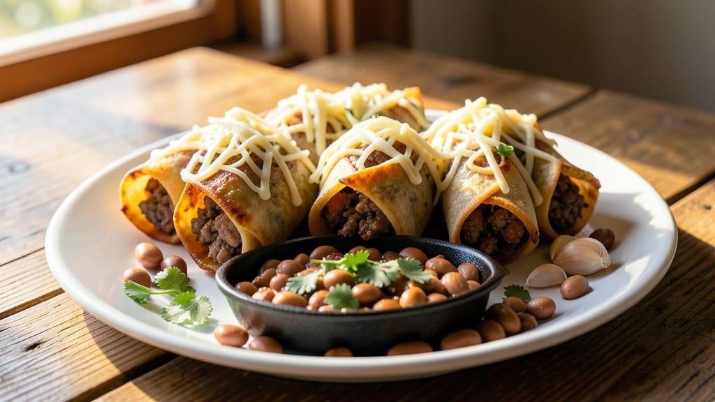 Beef and Bean Taquitos Recipe: Spiced Tortilla Rolls with Melty Cheese Rivers