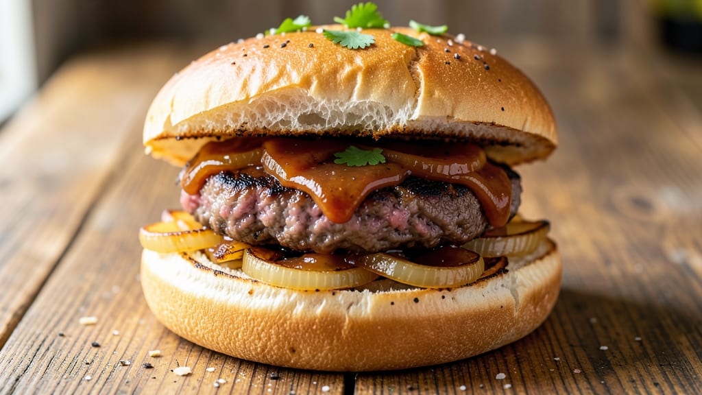 Barbeque Beef Burger Recipe: Smoky Grill Marks and Juicy Centers With Caramelized Onions