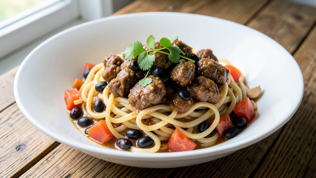 Beef and Black Bean Noodles Recipe: Spiced Tomato-Coconut Sauce Over Al Dente Egg Noodles