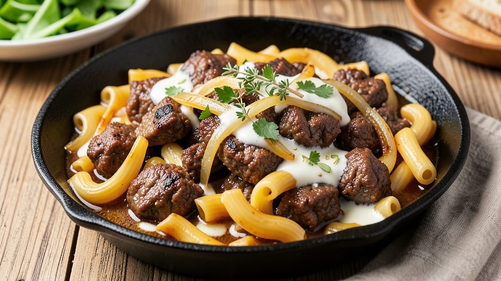 Beef and Macaroni Skillet Recipe: One-Pan Cheesy Crisp With Juicy Beef Bites