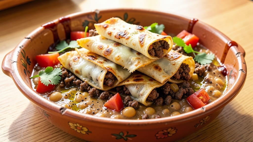Beef, Bean, and Cheese Enchiladas Recipe: Crispy Tortilla Bites With Melty Cheese Rivers
