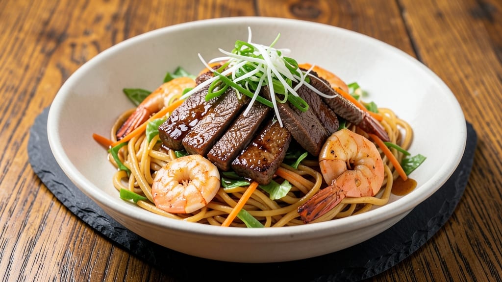 Beef and Shrimp Lo Mein Recipe: Warm Noodles With Sweet Chili and Sesame Finish