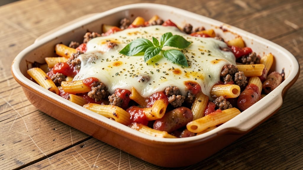 Baked Ziti Recipe with Ground Beef and Italian Sausage: Meaty Layered Comfort Baked to Golden Bubbles
