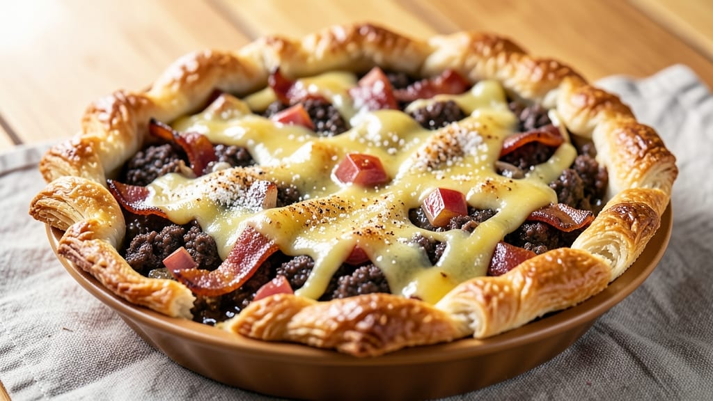 Beef Bacon and Cheese Pie Recipe: Flaky Pastry Crust With Savory Layers