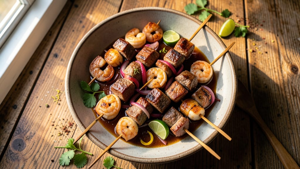 Beef and Shrimp Kabobs Recipe: Charred Grilled Skewers With Sweet Garlic Marinade