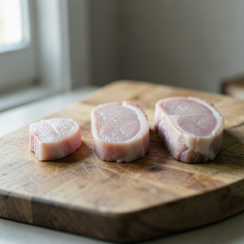Three chops of different thickness, ready to be tested