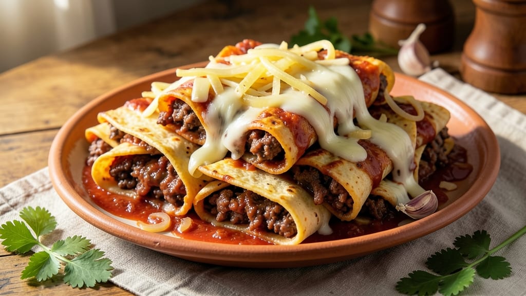 Authentic Beef Enchiladas Recipe With Red Sauce: Smoky Tortilla Layers Bursting With Melted Cheese