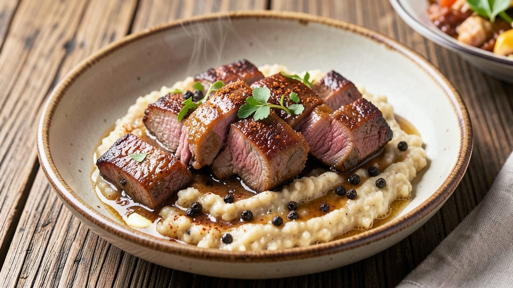 Beef and Grits Recipe: Smoky Pepper Gravy Over Creamy Polenta Bites