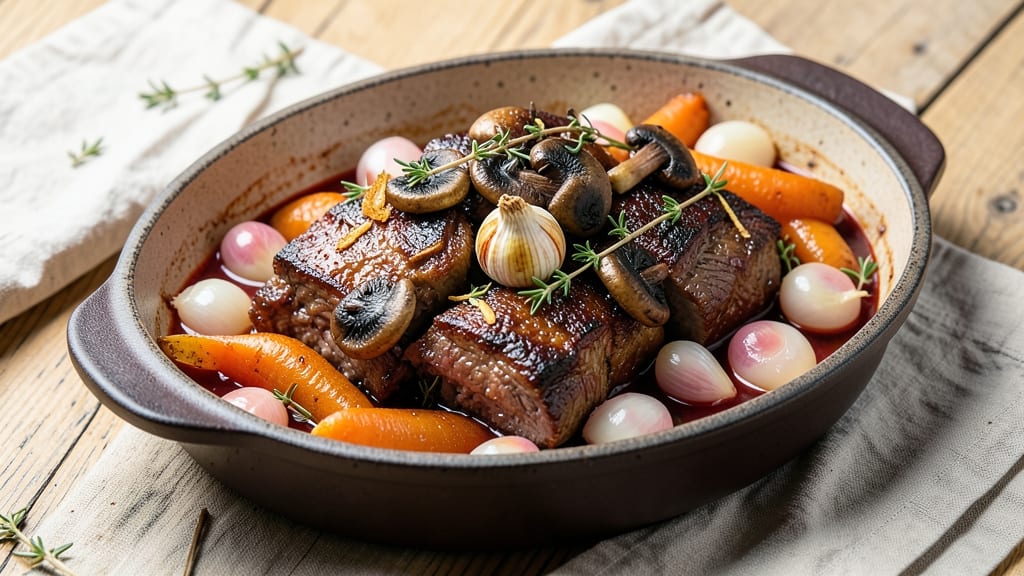 Barefoot in Paris Beef Bourguignon Recipe: Deep Wine-Braised Beef With Mushroom Fond